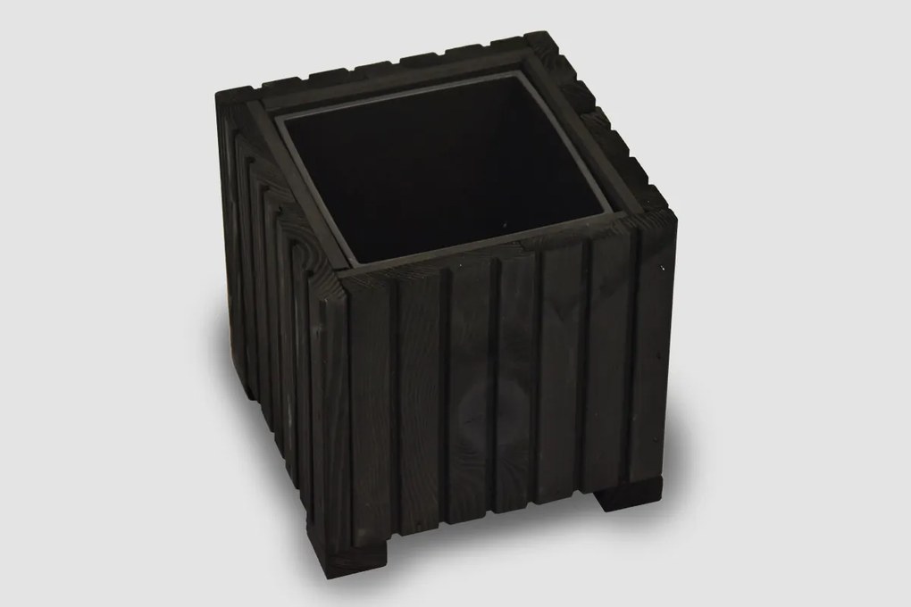 Štvorcový drevený truhlík s plastovou vložkou - čierna, 25x25x25