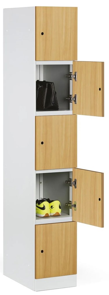 Šatníková skrinka S1 s úložnými boxmi, 5 boxov, 1850 x 300 x 500 mm, demont, kódový zámok, laminované dvere, biela