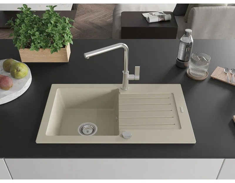 Mexen Pablo, 1-komorový granitový drez 752x436x161 mm a drezová batéria Flora, béžová, 6510-69-670401-00