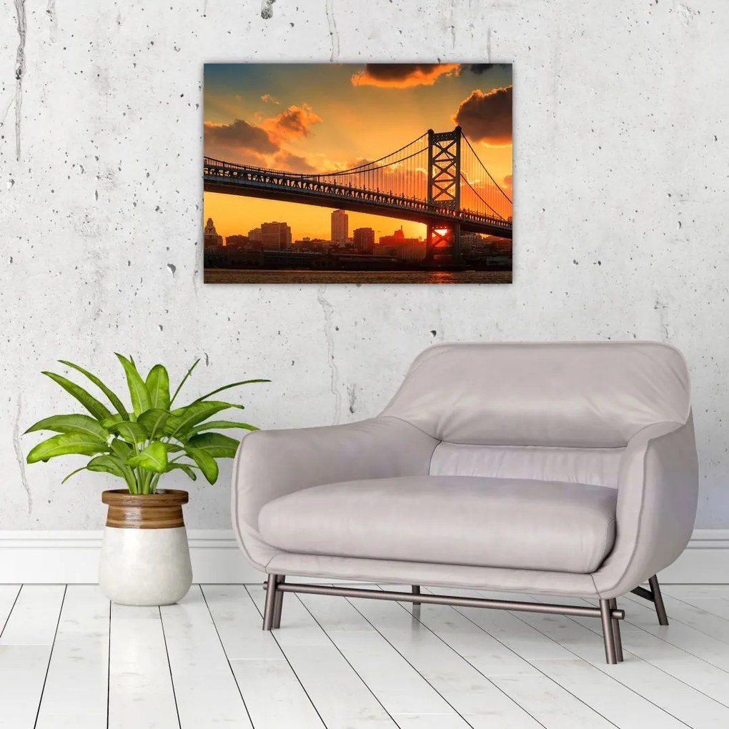 Sklenený obraz - Západ slnka nad mostom Bena Franklina, Filadelfia (70x50 cm)