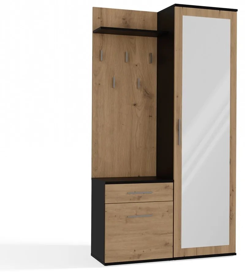Predsieňová stena so zrkadlom a šuplíkmi DUO dub artisan/antracit