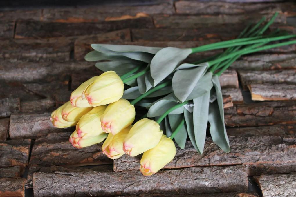 Žltý umelý tulipán v puku s listami 55cm