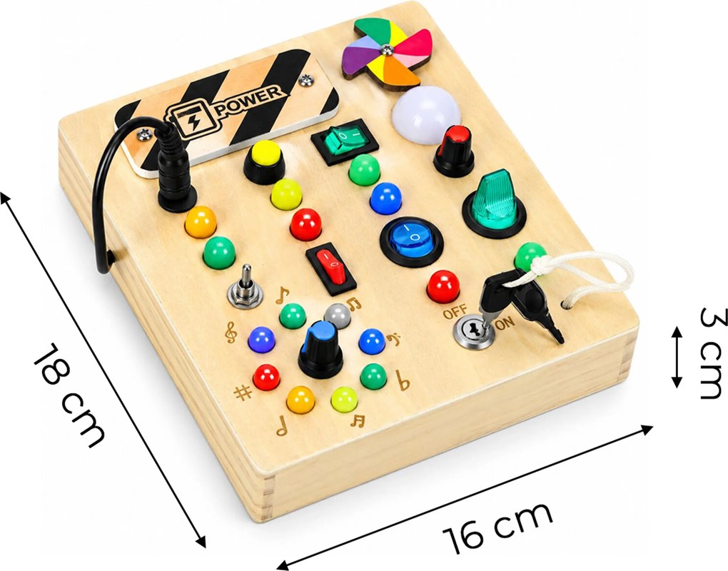 Drevená interaktívna manipulačná tabuľa ECOTOYS s LED svetlami od 3 rokov