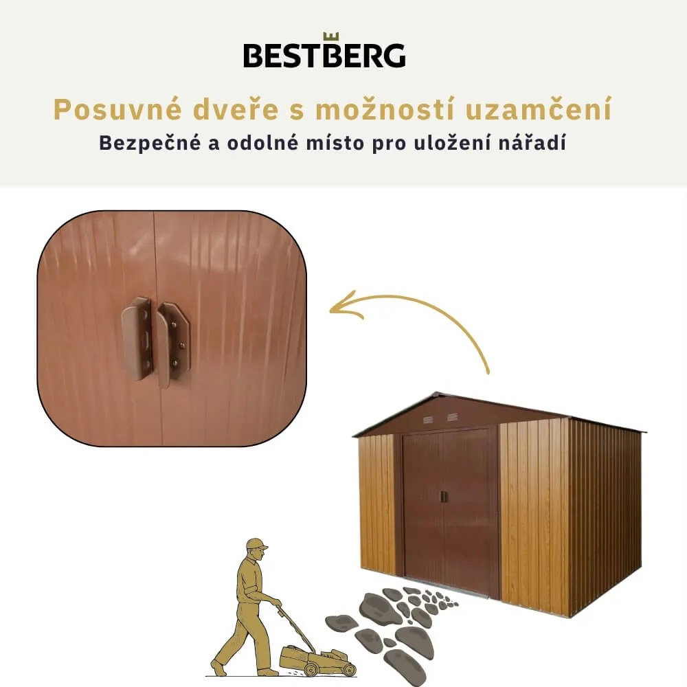 Záhradný domček BestBerg ZDB-7D / 7,2 m² / 301 x 238 x 214 cm / červené drevo / hnedá