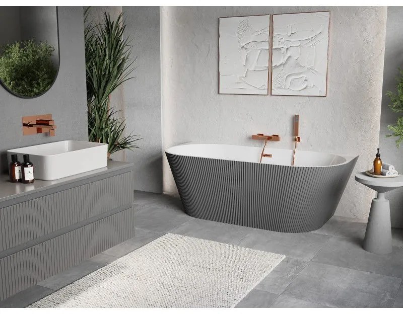 Mexen Oris, voľne stojaca ryhovaná vaňa 170 x 80 cm, biela-šedá, ružové zlato prepad, 52871708062-60