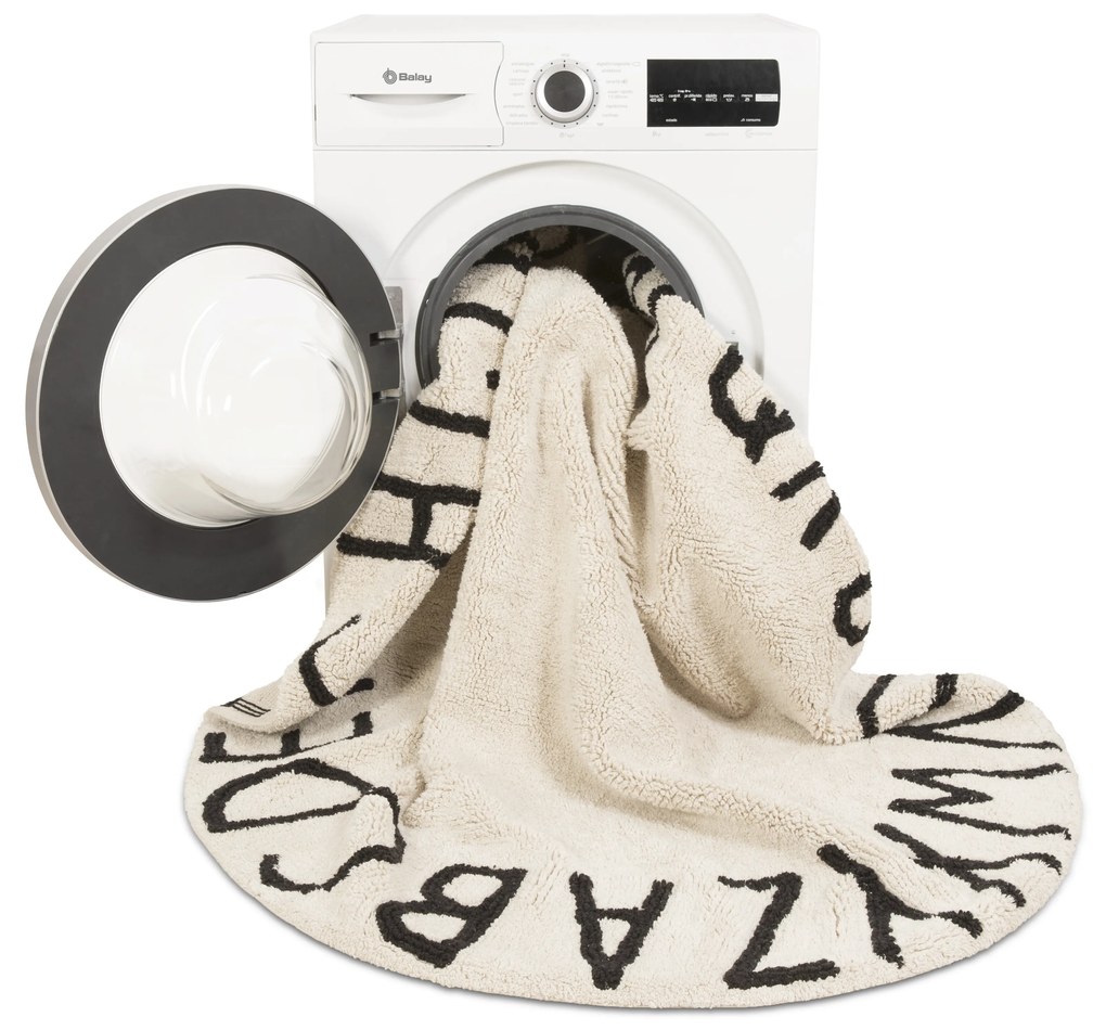 Lorena Canals, Ručne tkaný kusový koberec Round ABC Natural-Black, 150x150 (priemer) kruh, biela, detská izba