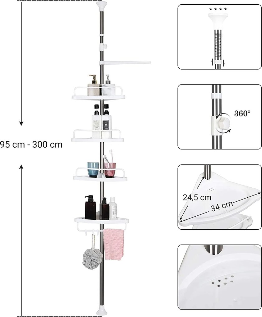 Nastaviteľná kúpeľňová rohová polica, teleskopická sprchová polica, 95-300 cm, biela
