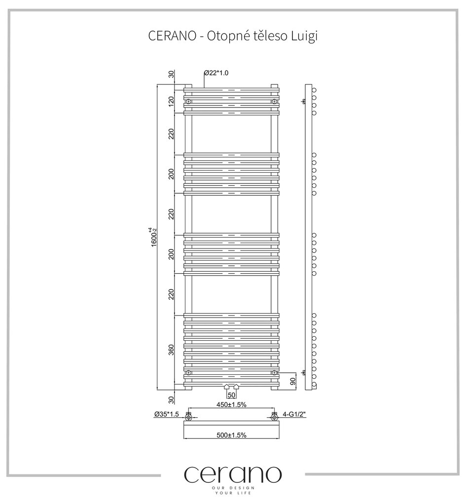 Cerano Mathilda, vykurovacie teleso 1600x500mm, 713W, rozteč pripojenia D5/450 mm, čierna matná, CER-CER-429688