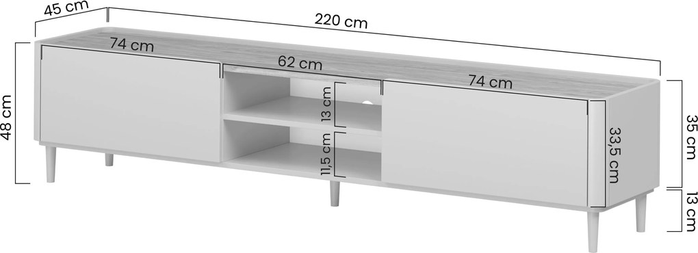 TV stolík Elivo 220 cm na nožičkách - kašmírová / dub olejovaný