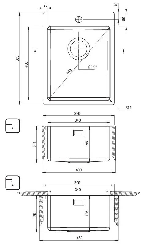Deante Olfato, 1-komorový nerezový drez 390x505x200mm, brúsená oceľ, DEA-ZPO_010E