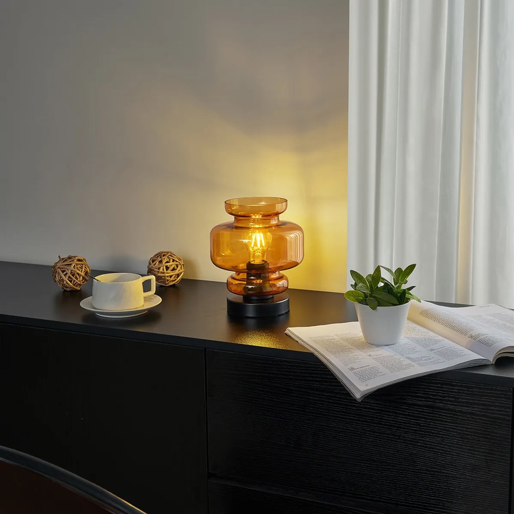 Retro stolná lampa čierna s oranžovým sklom - Denise