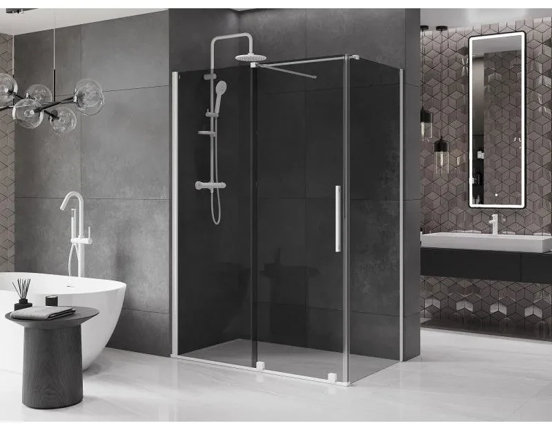 Mexen Velar, sprchový kút s posuvnými dverami 140 x 85 cm, 8mm šedé sklo, biela matná, 871-140-085-41-20