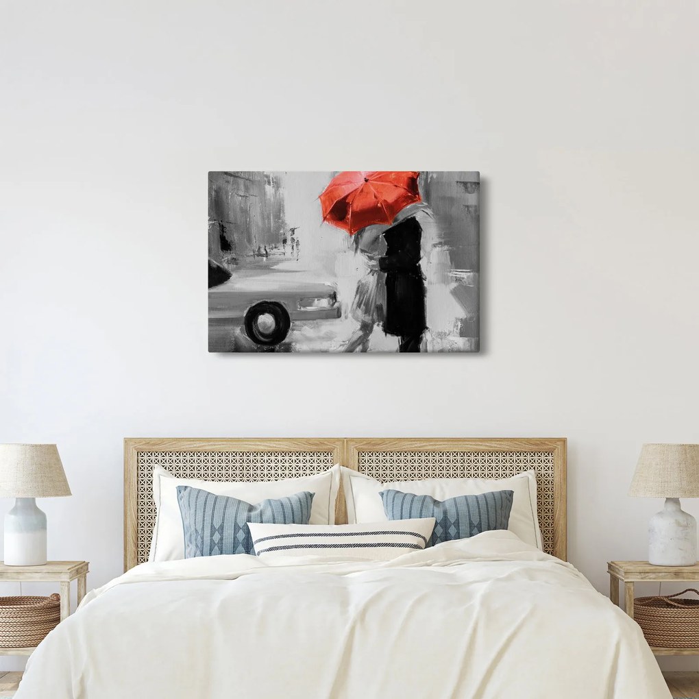 Obraz - Zamilovaný pár pod dáždnikom, červený (90x60 cm)