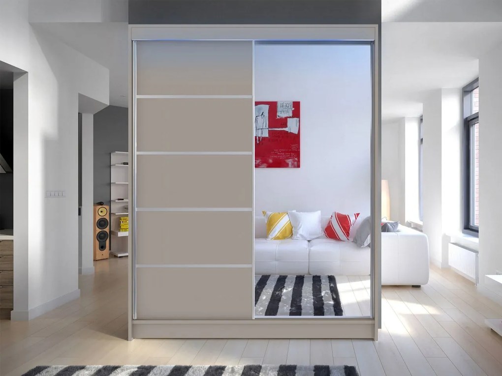 Šatníková skriňa Belgia III, Farby: kašmír /kašmír + zrkadlo, Osvetlenie: osvetlenie LED RGB - farebné