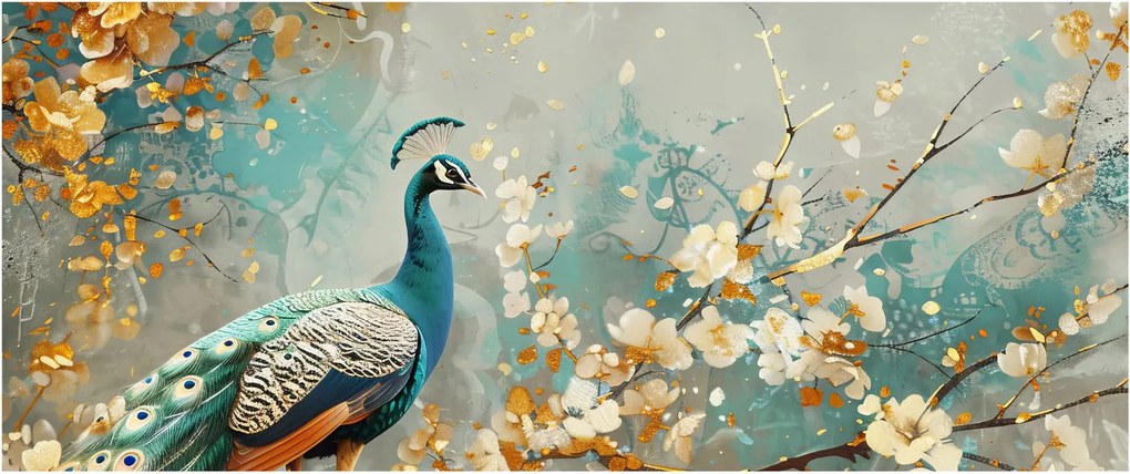 Obraz - Páv so zlatým dekorom (120x50 cm)