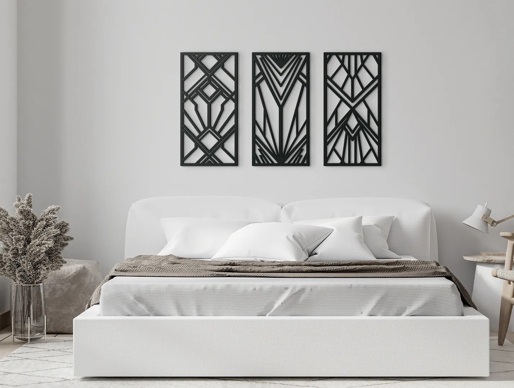 drevko 3-dielny abstraktný obraz Geometrické tvary Rozmer obrazu: 37 x 65 cm, Farba dekorácie: Čierna