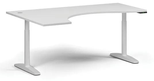 Výškovo nastaviteľný stôl OBOL, elektrický, 675-1325 mm, ergonomický ľavý, doska 1800x1200 mm, biela zaoblená podnož, biela