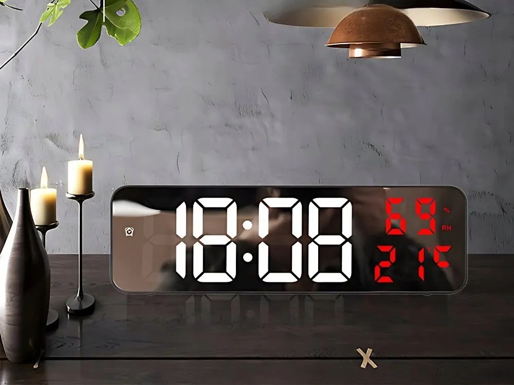 Verk 27369 Multifunkčné zrkadlové hodiny s budíkom a teplomerom červené