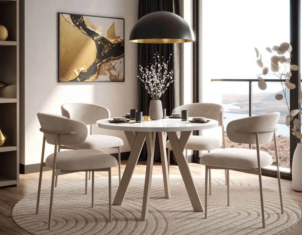 OKRÚHLY ROZKLADACÍ JEDÁLENSKÝ STÔL EWALD BIELY LESK + KAŠMÍR NOHY 100/140 cm