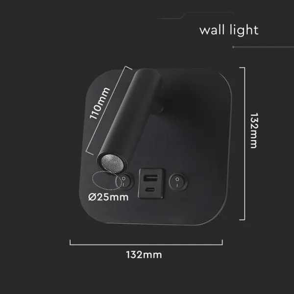 LED nástenné bodové svietidlo s USB portom LED/8W/230V 3000K čierne