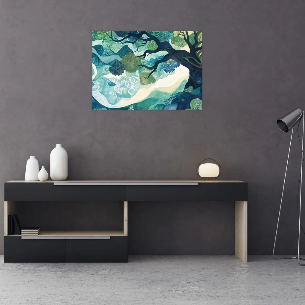 Sklenený obraz – Zelená koruna stromu života (70x50 cm)