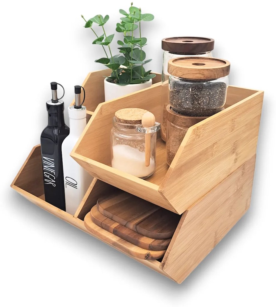 JJA Sada 3 bambusových organizérov CAJA do kuchyne, Double+single+mini