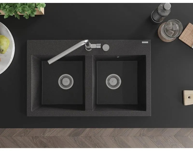 Mexen Hektor, 2-komorový granitový drez 800x480x205 mm, čierna škvrnitá, chrómový sifón, 6521802000-76