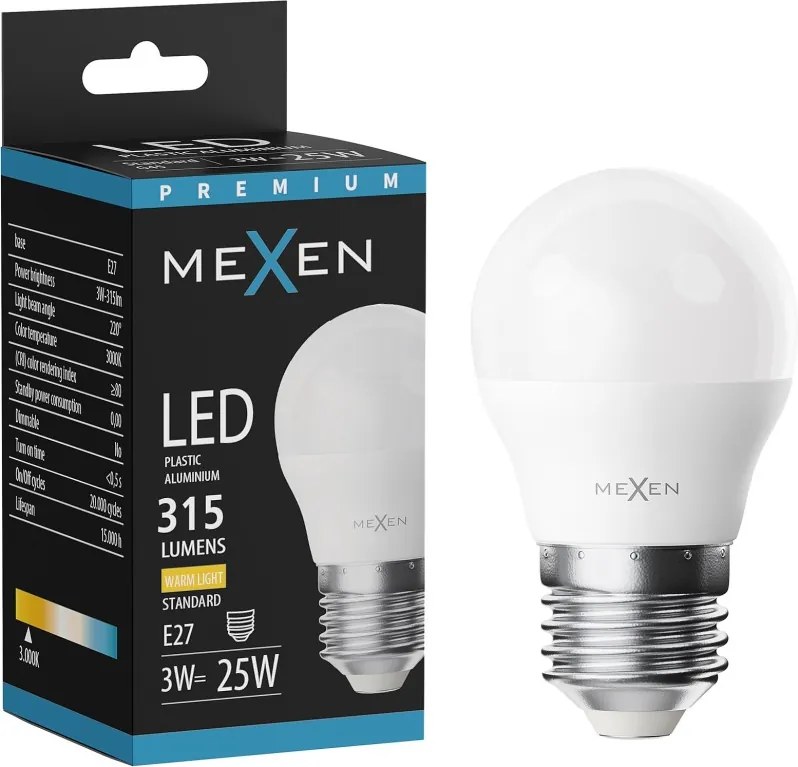 Mexen Nova, LED žiarovka E27, G45, 3W, teplá - 3000K, 315 lm - L101-E27-0330-01