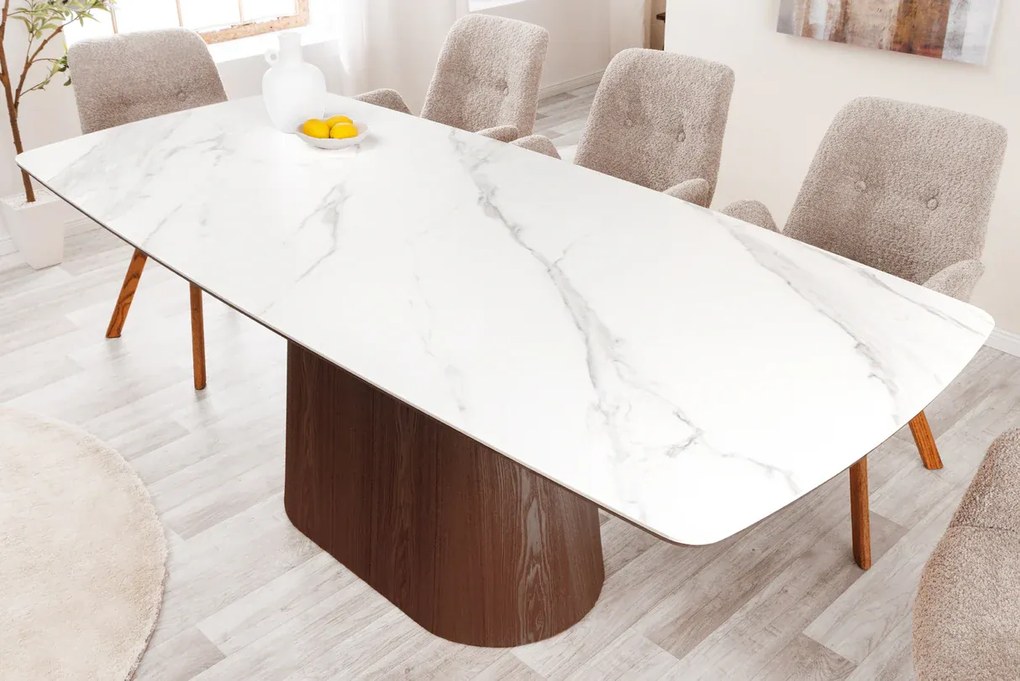 Jedálenský stôl UNIQUE 200 cm rám z tmavého orechového dreva dyhovaný keramický biely mramorový vrch