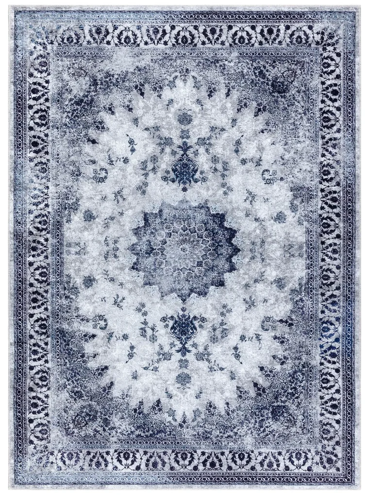 Koberec MIRO 51822.812 Rozeta s rámom, protišmykový, prateľný, modro-biely