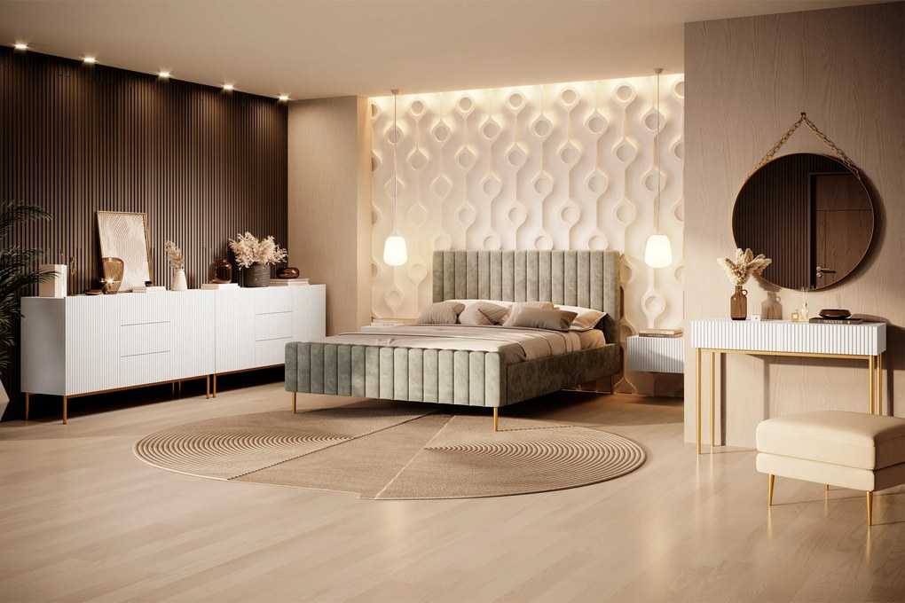 Biela komoda Nicole 150 cm so zásuvkami a ryhovaným čelom - matná biela / zlaté nohy