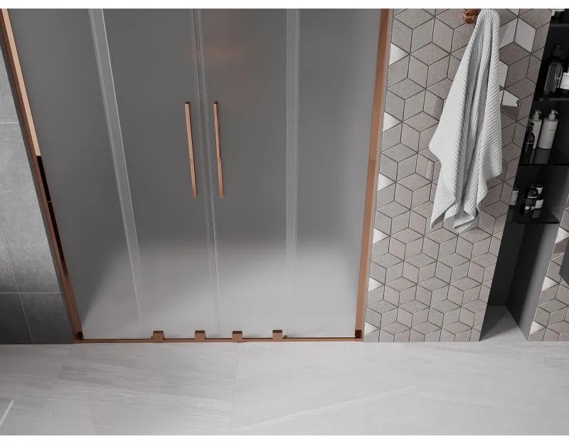 Mexen Velar L Duo, posuvné sprchové dvere do otvoru 150 cm, 8mm sklo námraza, ružové zlato, 871-150-003-32-60