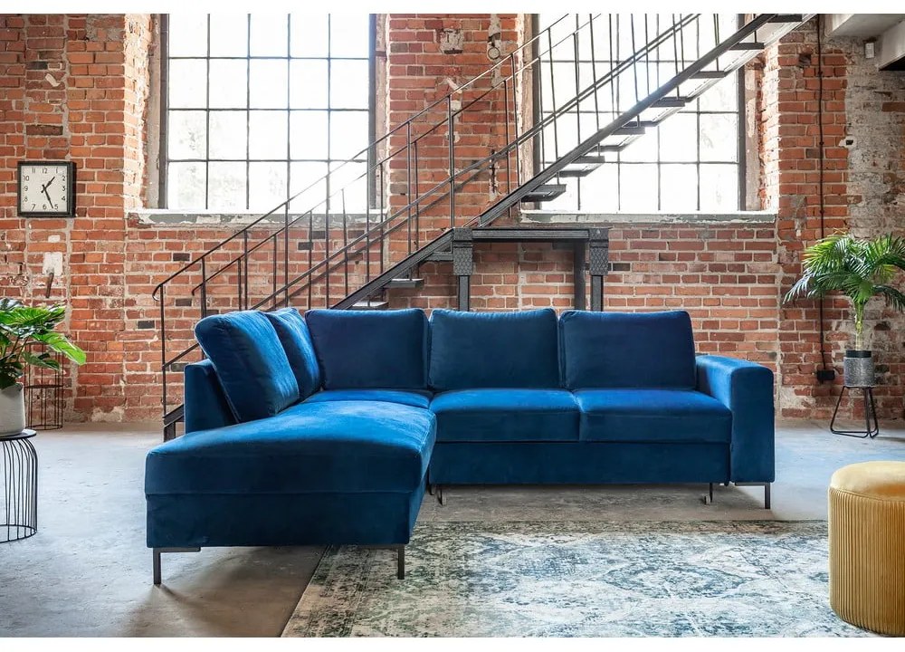 Tmavomodrá zamatová rozkladacia rohová pohovka (ľavý roh) Lofty Lilly – Miuform