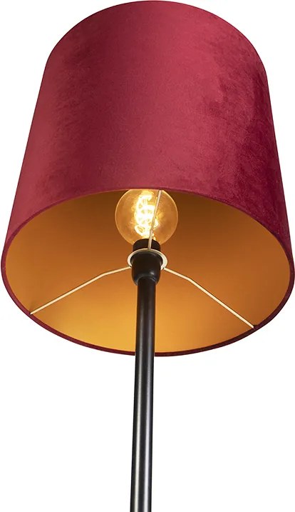 Stojaca lampa čierna s červeným zamatovým tienidlom so zlatom 40 cm - Simplo