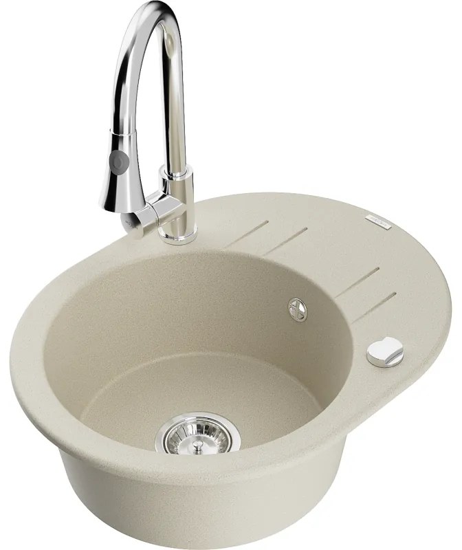 Mexen Kevin, 1-komorový granitový drez 586x458x190 mm a drezová batéria Elia, béžová, 6517-69-670101-00
