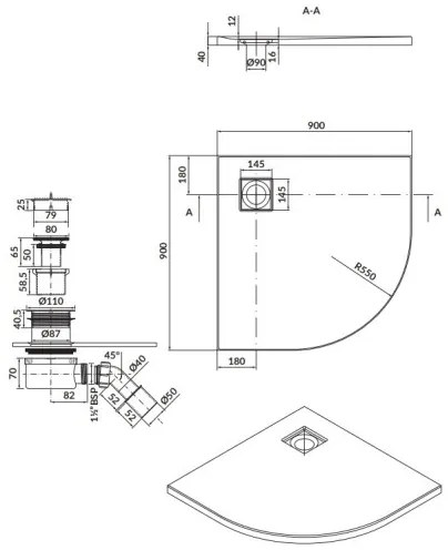 Cersanit Tako Slim, štvrťkruhová sprchová vanička 90x90x4 cm + biely sifón, biela matná, S932-156