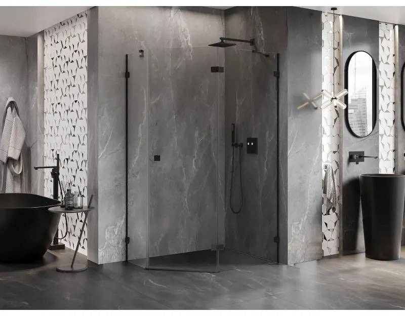 Mexen Lunar, výklopný päťuholníkový sprchový kút pravý 100 x 90 cm, 8mm číre sklo, čierny profil, 831-100P-090L-70-00-P