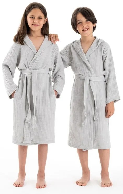 Sivý mušelínový detský župan veľkosť 9-10 rokov Muslin – Foutastic