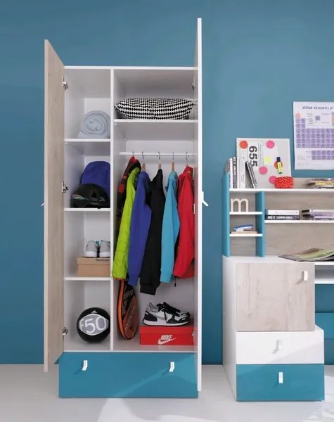 Šatníková skriňa Planet, dub/biela/modrá