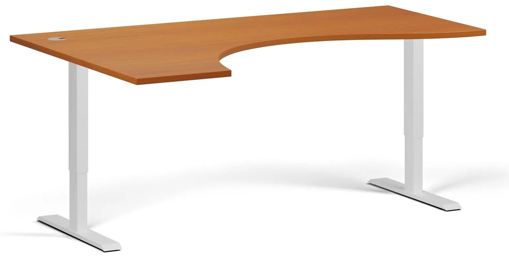 Ergonomický výškovo nastaviteľný stôl, 180x120 cm, 2 motory, L/P, biela podnož, čerešňa