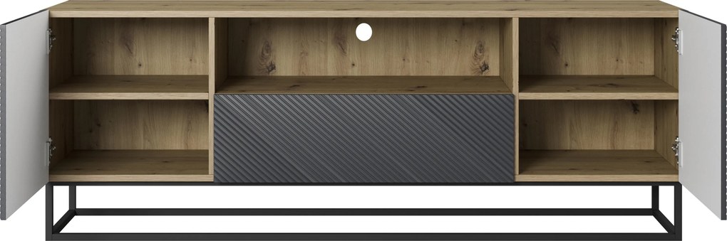 TV stolík Asha 167 cm so zásuvkou a kovovou podnožou - artisan / rivier stone mat