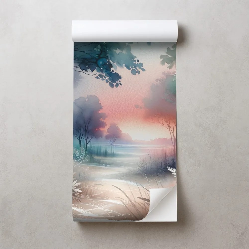 Samolepiaca tapeta pastelová lesná krajina pri západe slnka