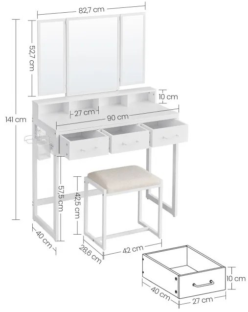 Toaletný stolík s 3-dielnym skladacím zrkadlom RVT004W14