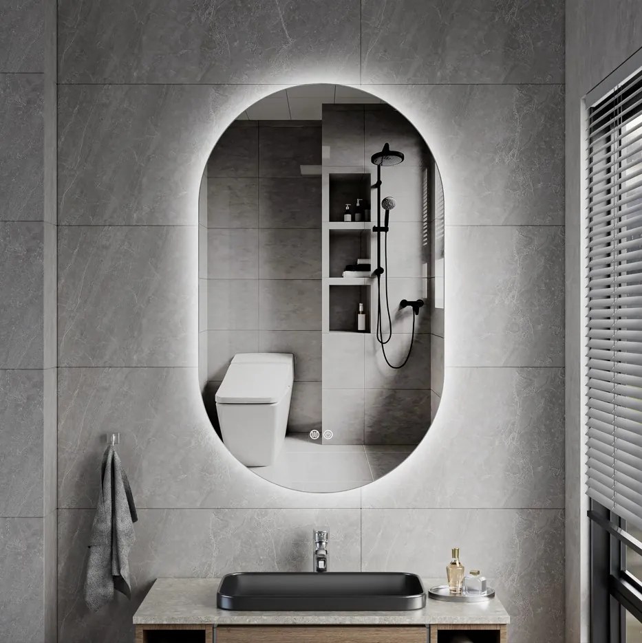 Erga Dalia, oválne LED zrkadlo 60x90cm, 3 farby svetla, zadné osvetlenie, vyhrievacia podložka proti zapareniu, ERG-V01-Dalia-6090-CL