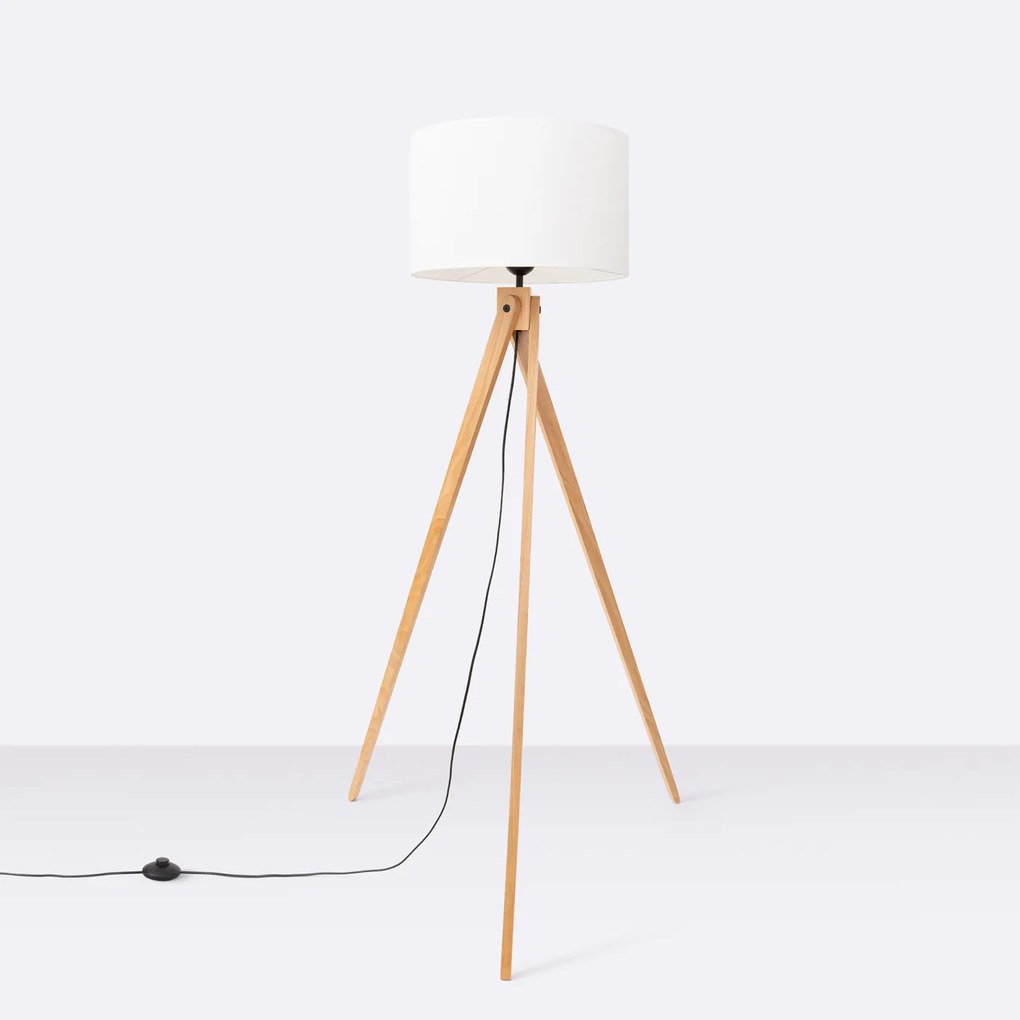 Stojacia lampa Natt, 1x biele textilné tienidlo, drevo