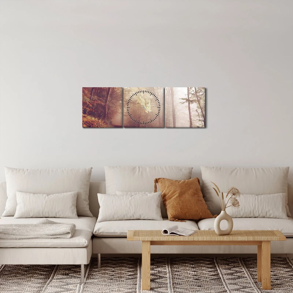 Obraz - Jesenná prechádzka lesom (s hodinami) (90x30 cm)