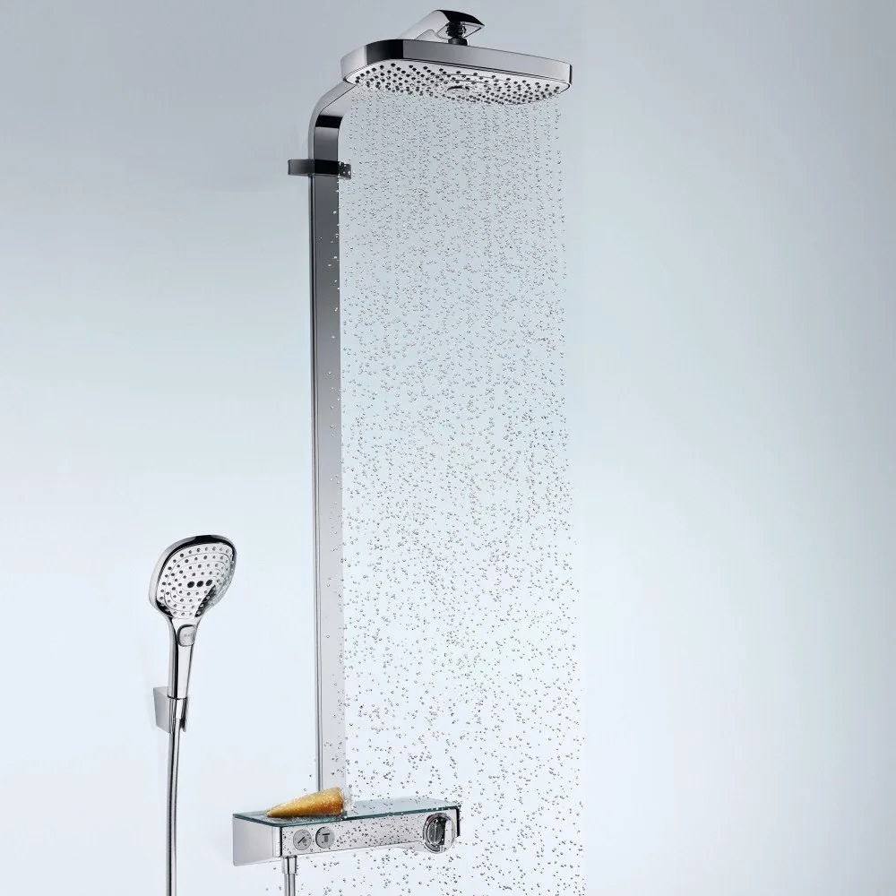 HANSGROHE Raindance Select E Showerpipe EcoSmart nástenný sprchový systém s termostatom ShowerTablet Select 300, horná sprcha 2jet 300 x 160 mm, ručná sprcha 3jet, chróm, 27283000