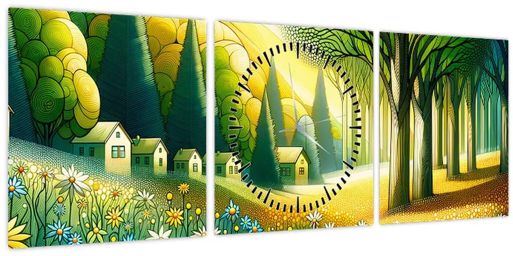 Obraz - Dedina v žlto-zelenej (s hodinami) (90x30 cm)