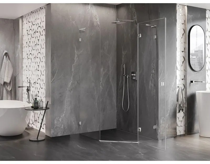 Mexen Lunar, L pravý výklopný päťuholníkový sprchový kút 80 x 100 cm, 8mm číre sklo, chrómový profil, 831L-080P-100L-01-00-P