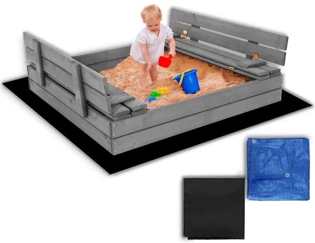 SPRINGOS Uzavreté drevené pieskovisko s lavičkami 120x120 cm – impregnované drevo, s plachtou a netkanou textíliou SBP120SET01X